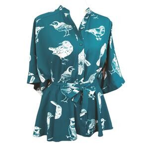 ESHAKTI Wayward Fancies Blouse Top  M8/10 Turquoise Bird Novelty Print Whimsical